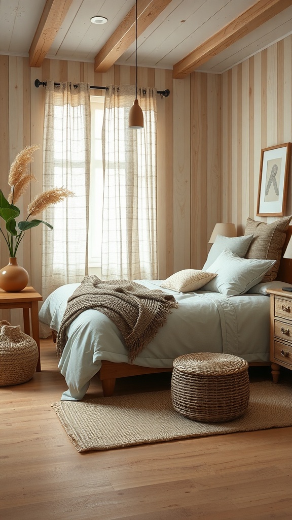 Neutral bedroom with wood paneling, soft bedding, and natural textures