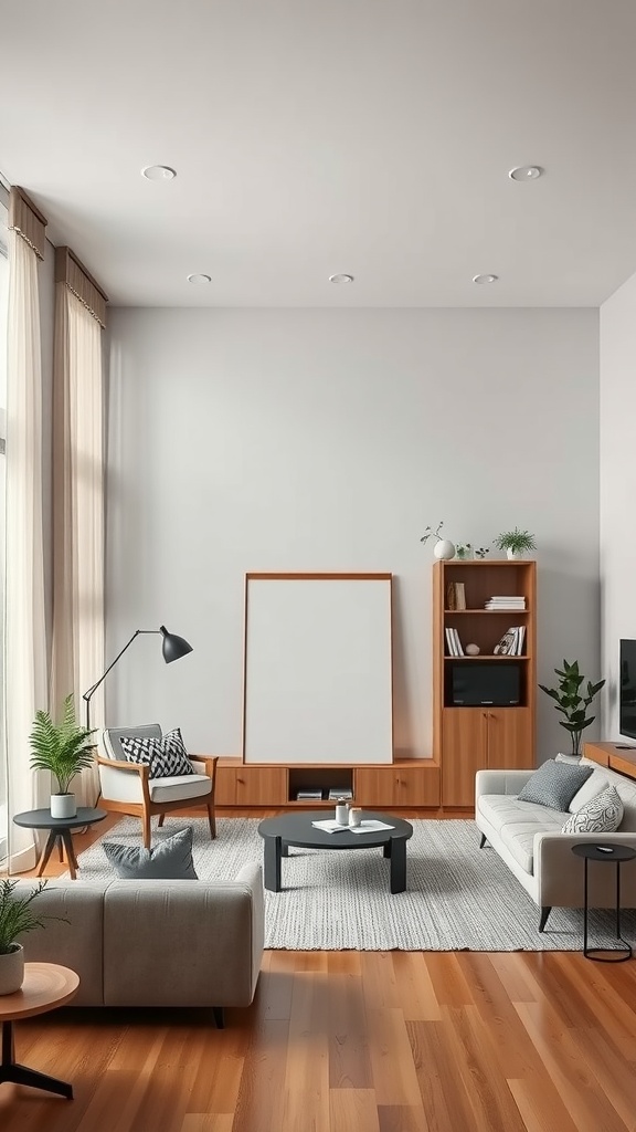 A modern living room featuring open shelving units that create a partition, filled with plants and decor.
