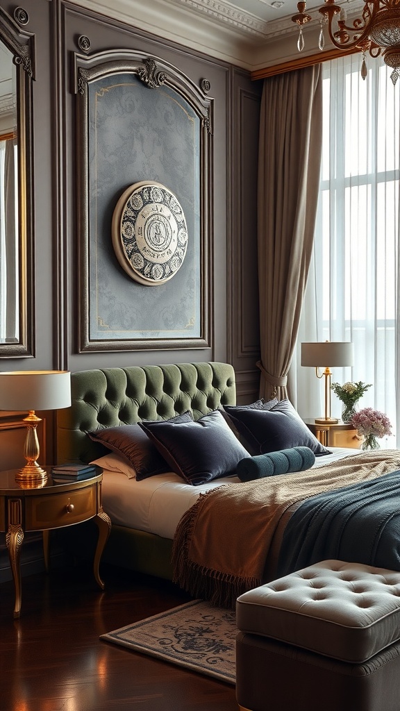 Luxury master bedroom featuring a green velvet bed, elegant decor, and sophisticated furniture.