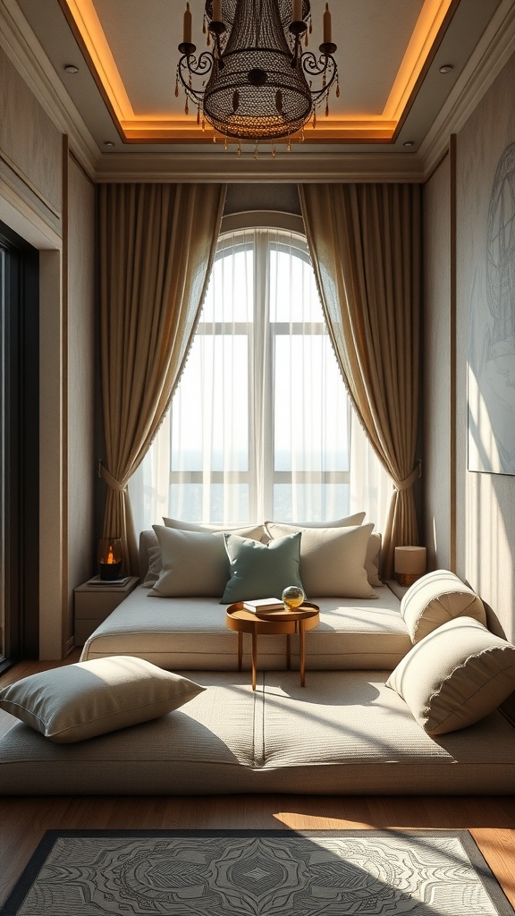 A classy luxury bedroom with a large window, soft pillows, and a chandelier, creating a peaceful atmosphere.