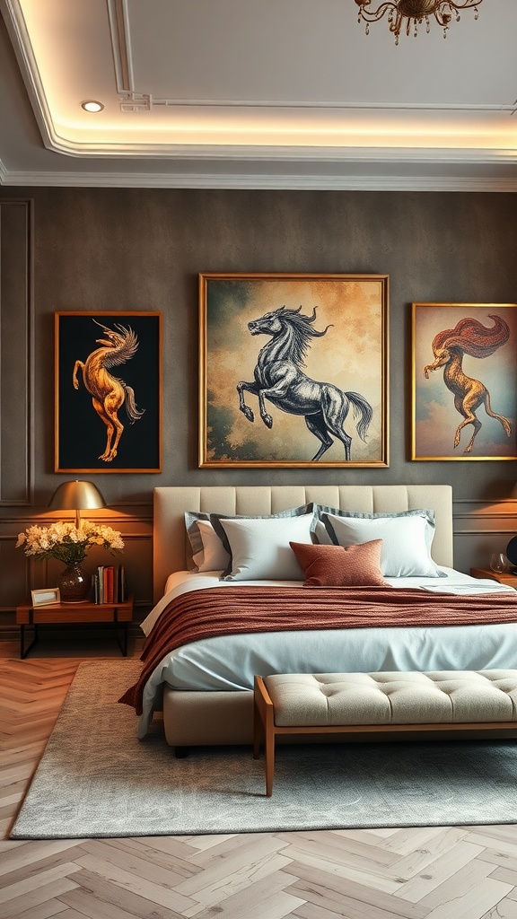 A luxury bedroom master featuring personalized art pieces of horses in elegant frames.