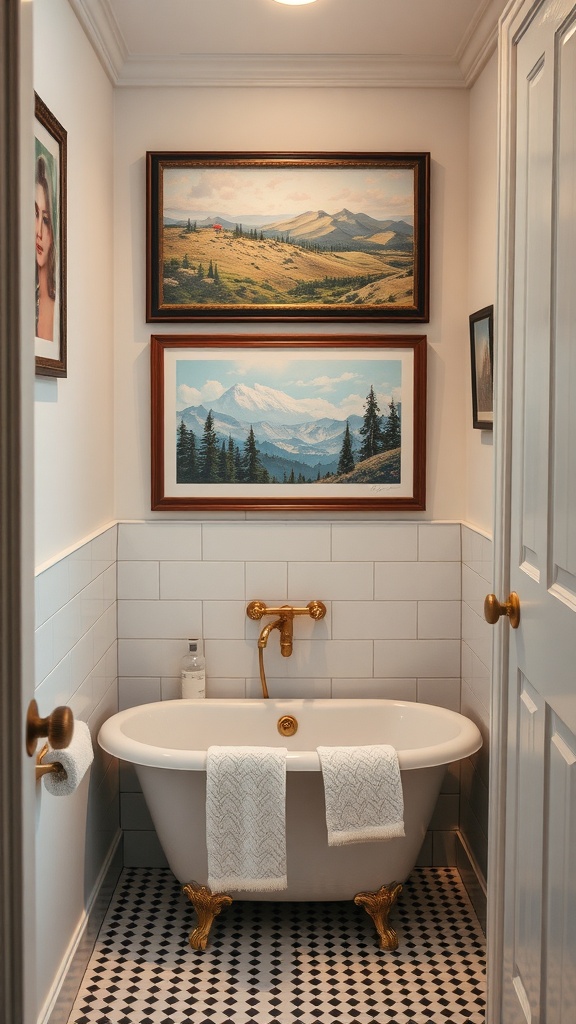 A small bathroom featuring a clawfoot tub with personalized artwork above