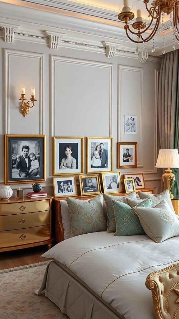 Luxury master bedroom featuring personalized photo frames and elegant decor.