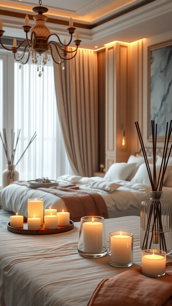 A luxurious master bedroom with candles and diffusers creating a warm, inviting atmosphere.