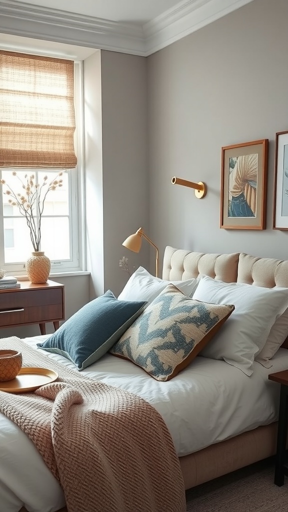 A modern neutral bedroom featuring a cozy bed with earthy green and brown textiles, decorative pillows, and natural light.