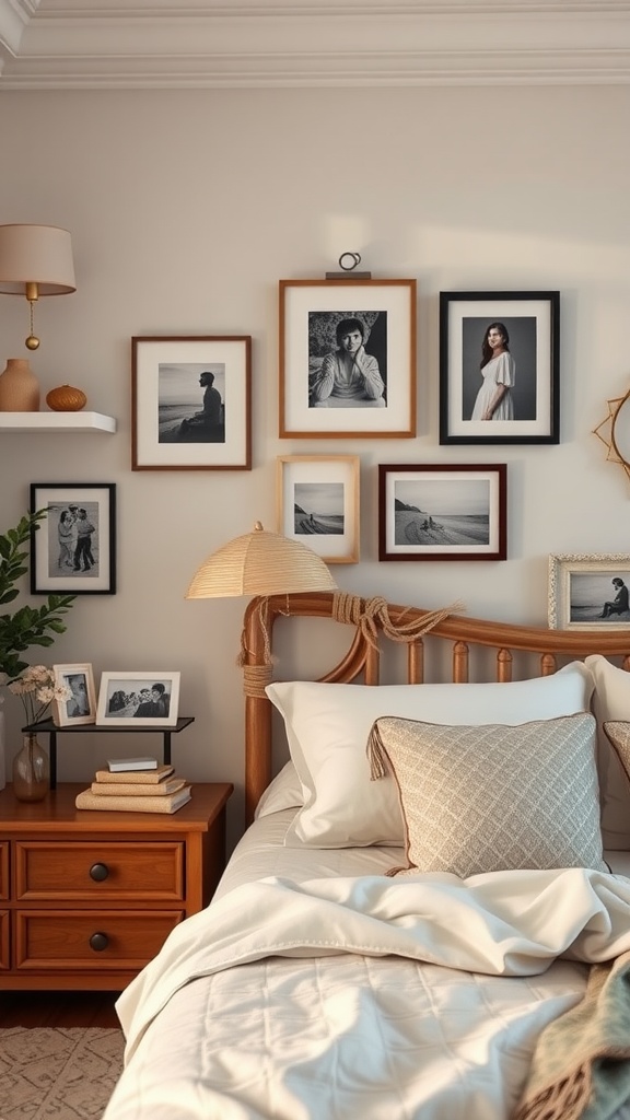 A cozy neutral bedroom with wooden furniture, framed photographs on the wall, and soft bedding.