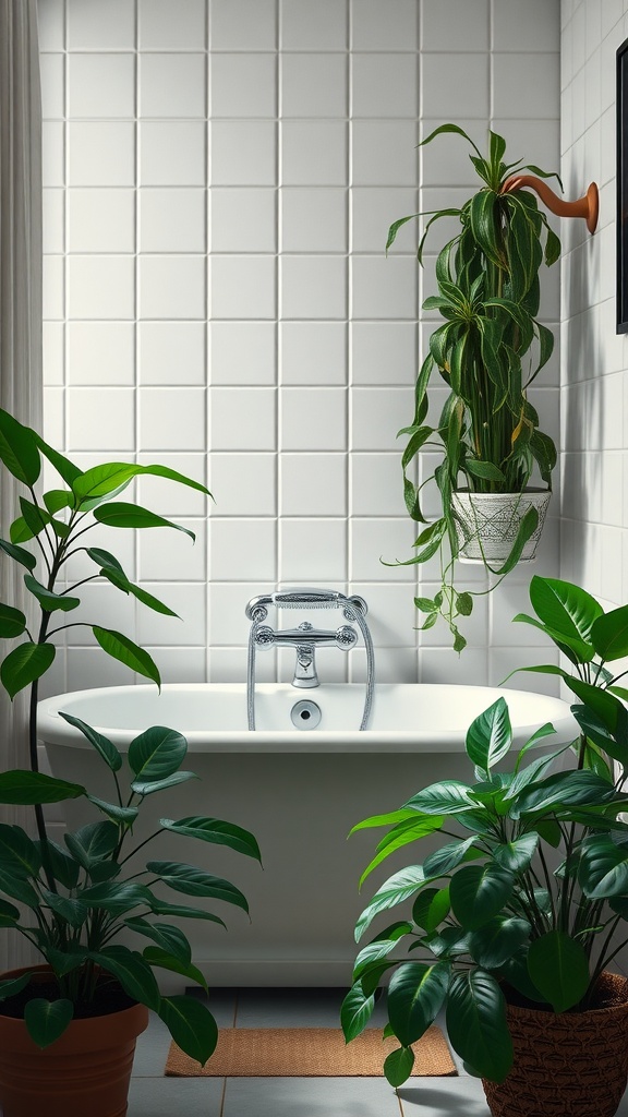 A small bathroom with a bathtub surrounded by lush green plants.
