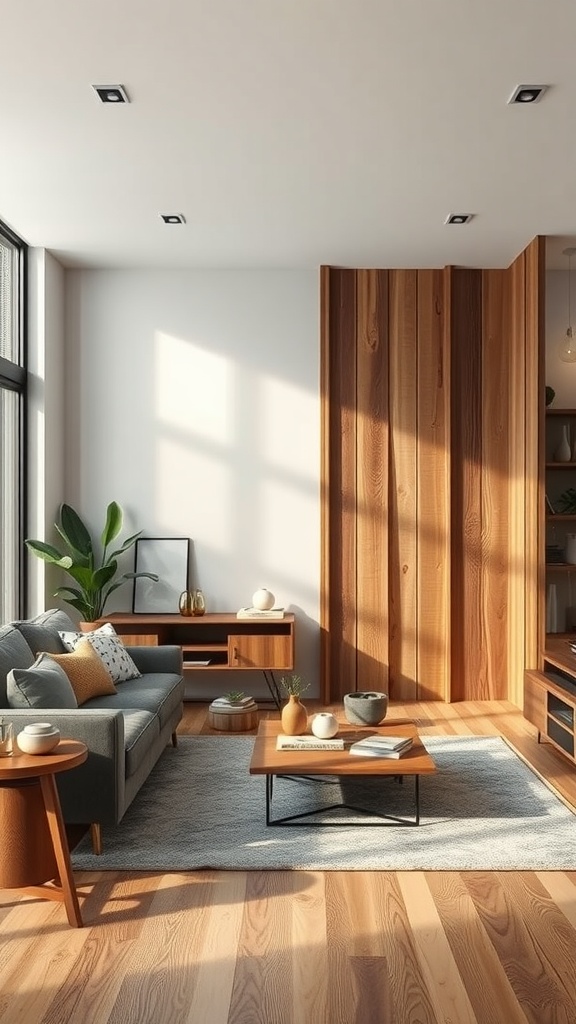 Living room with a reclaimed wood partition, showcasing a cozy and eco-friendly design.