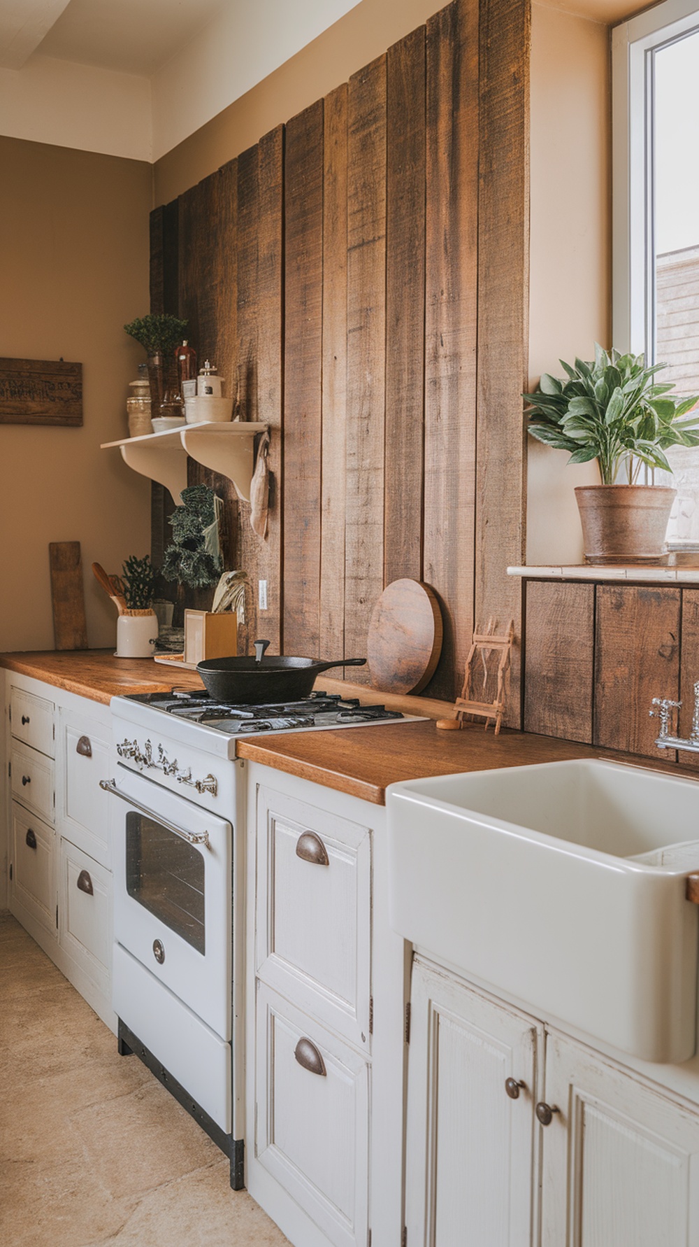 A kitchen featuring rustic wood plank accents on the wall, complemented by white cabinets and a warm countertop.