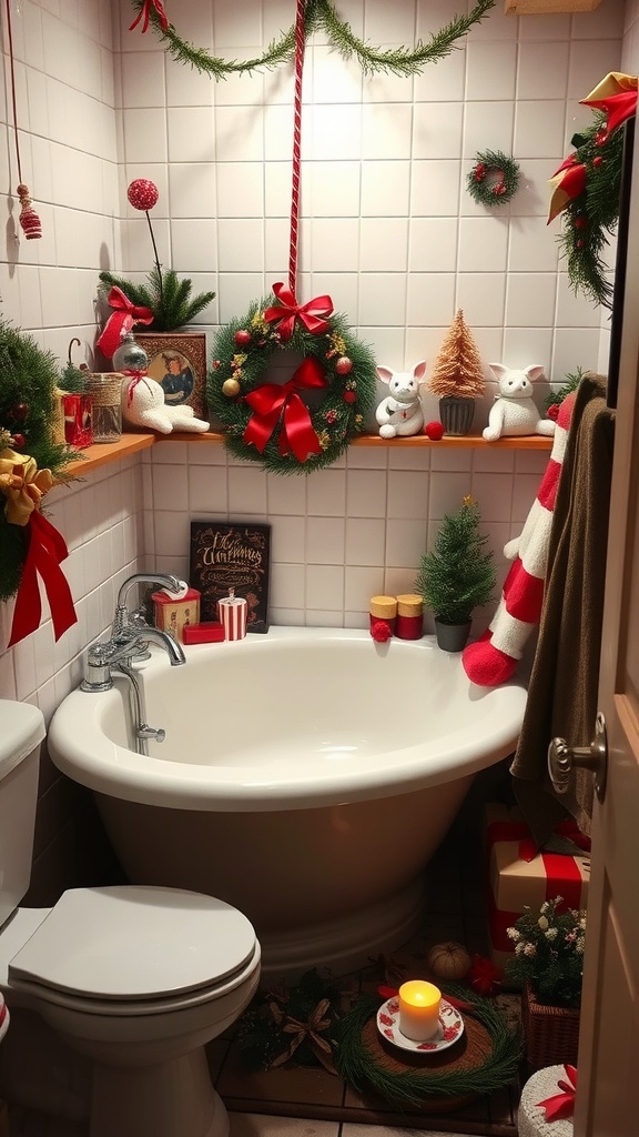 A small bathroom decorated for the holidays with a white tub, festive wreath, and cheerful ornaments.