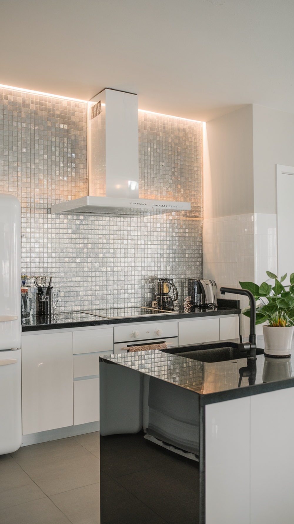 Modern kitchen featuring sleek glass mosaic backsplash with silver tones and white cabinetry.