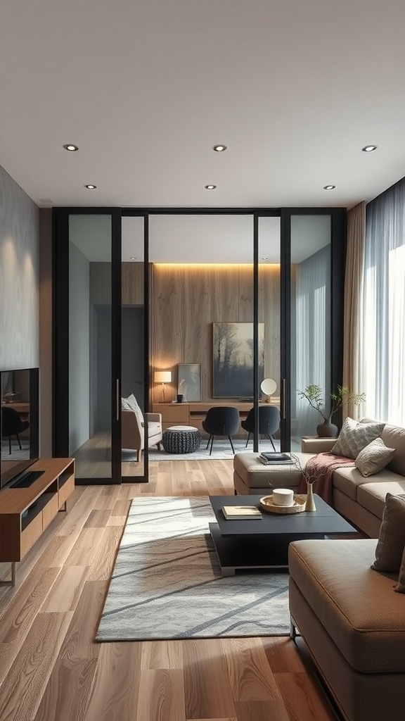 A modern living room with a sliding glass door partition, showcasing a stylish interior design.
