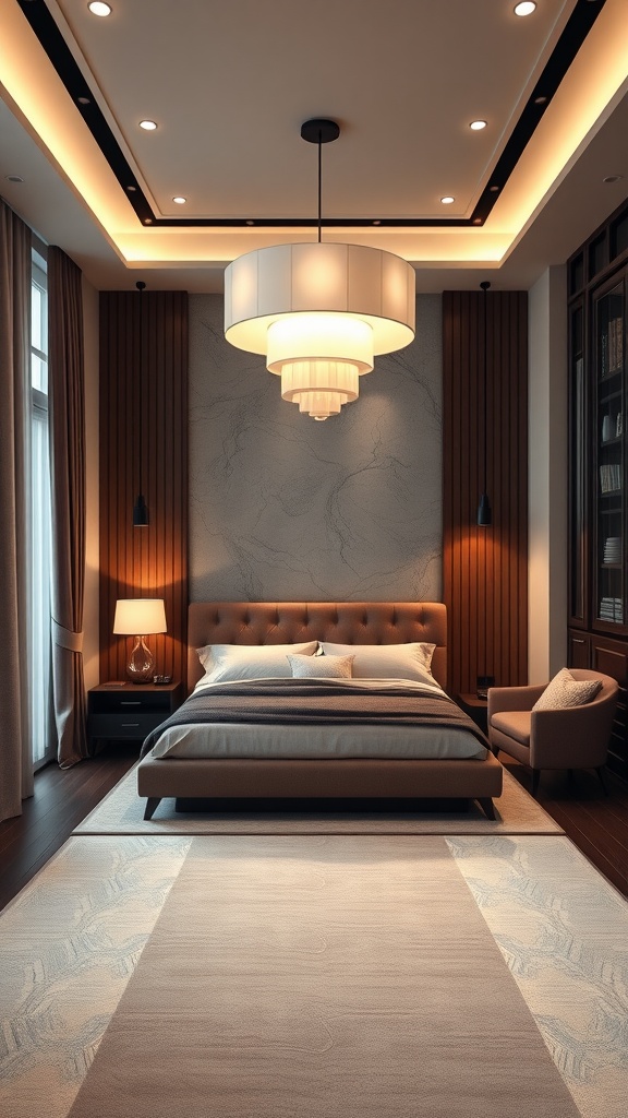 A luxury master bedroom featuring modern decor and smart technology integration.