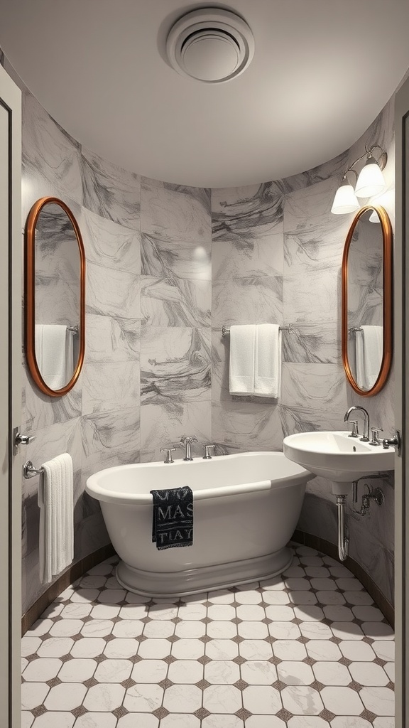 A small bathroom featuring a tub, elegant mirrors, and stylish tiles.