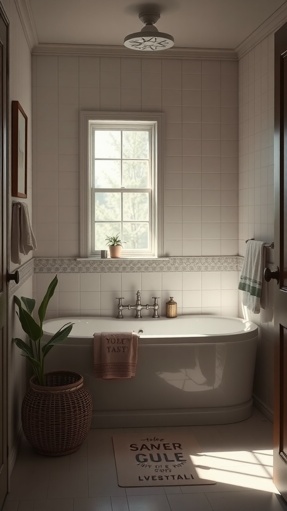 A cozy small bathroom featuring a freestanding tub, soft lighting, and a window allowing natural light in.