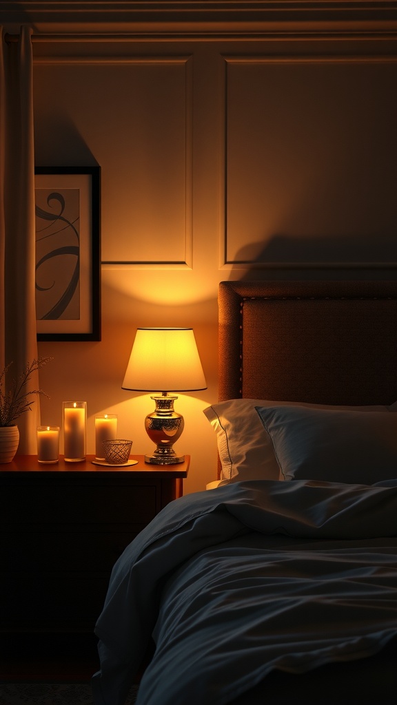 A softly lit bedroom with a lamp and candles, showcasing warm lighting against neutral decor.