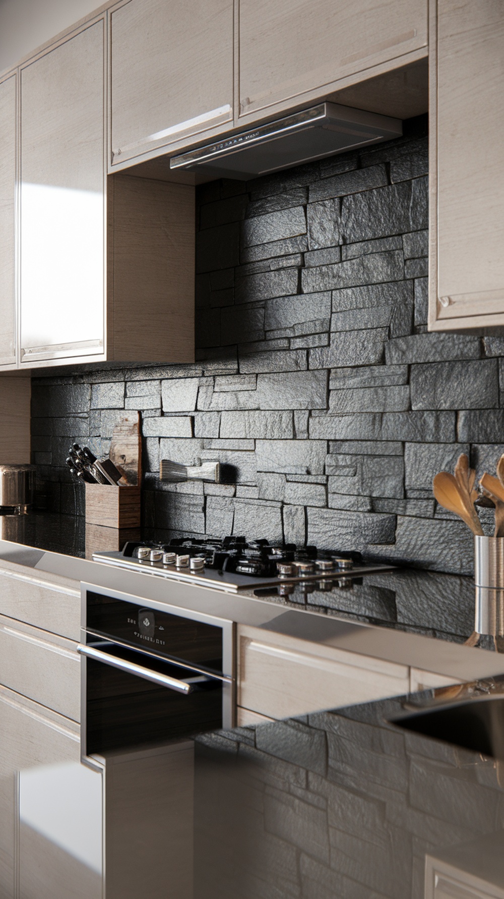 A kitchen featuring a sophisticated black slate backsplash with light cabinets.
