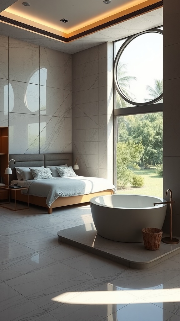 Luxury bedroom with an en-suite bathroom featuring a freestanding tub and large windows