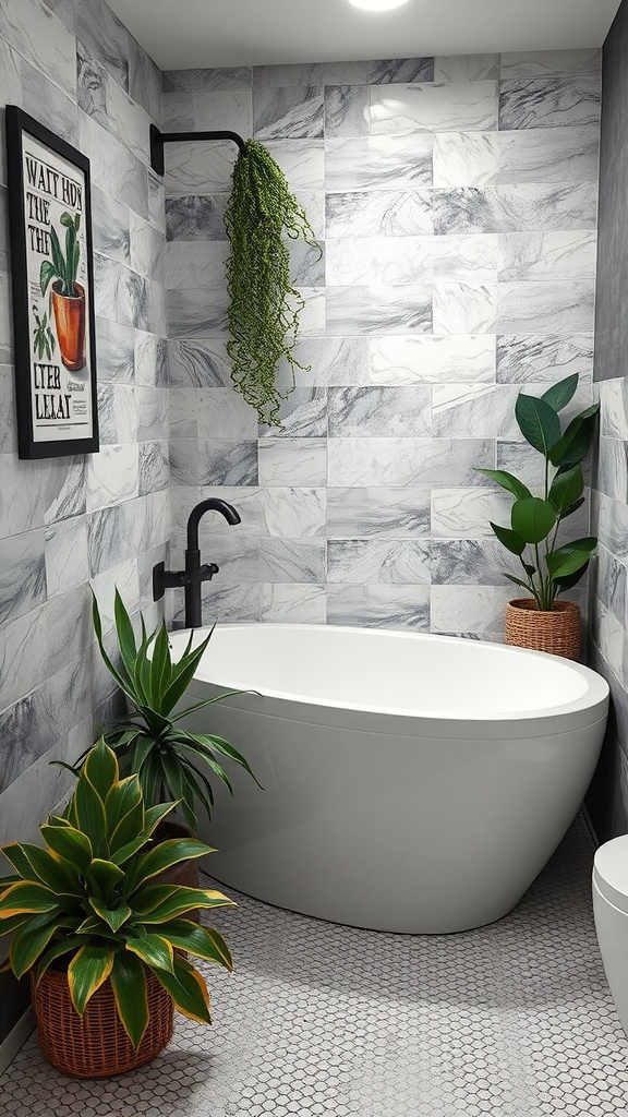 A small bathroom featuring a corner bathtub, modern tiles, and indoor plants.