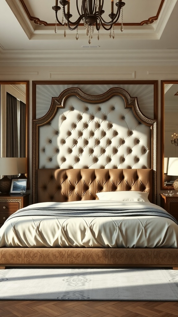 Luxurious bedroom featuring a statement tufted headboard, elegant chandelier, and soft bedding.