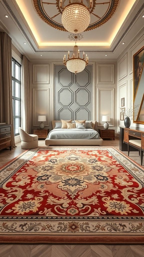Luxurious bedroom with a decorative rug, chandelier, and modern decor.