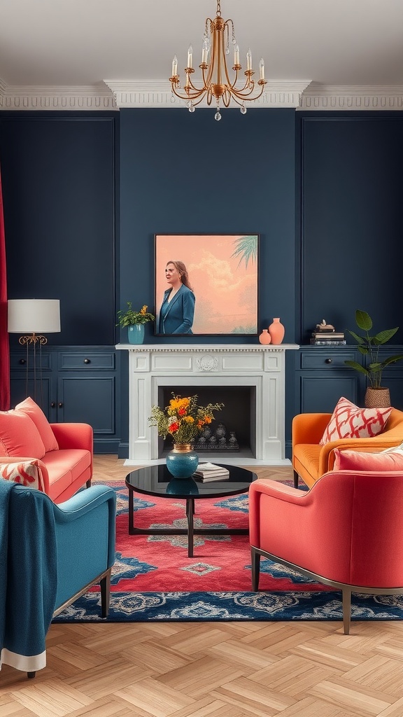 Stylish living room featuring navy walls, coral furniture, and a colorful rug.