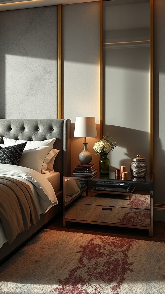 Chic nightstand in a luxury bedroom with a lamp, flowers, and decorative items.