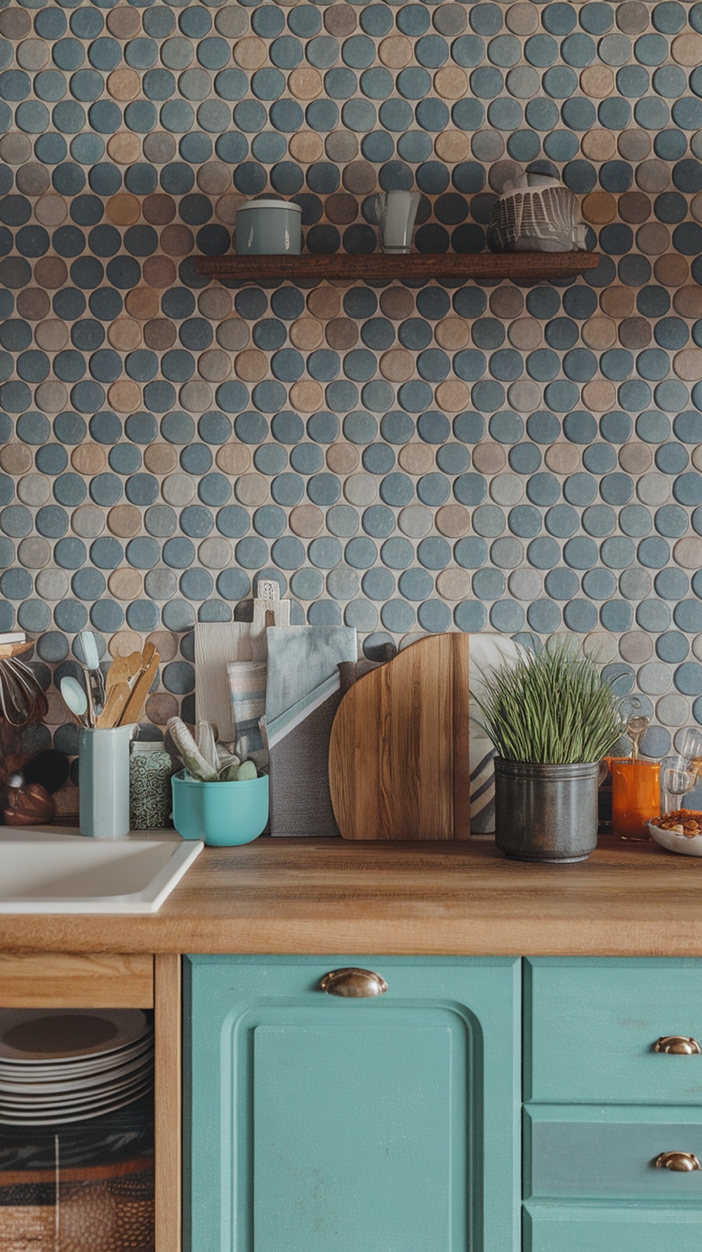 A stylish kitchen featuring penny round tiles in blue and beige, with wooden accents and various kitchen items.