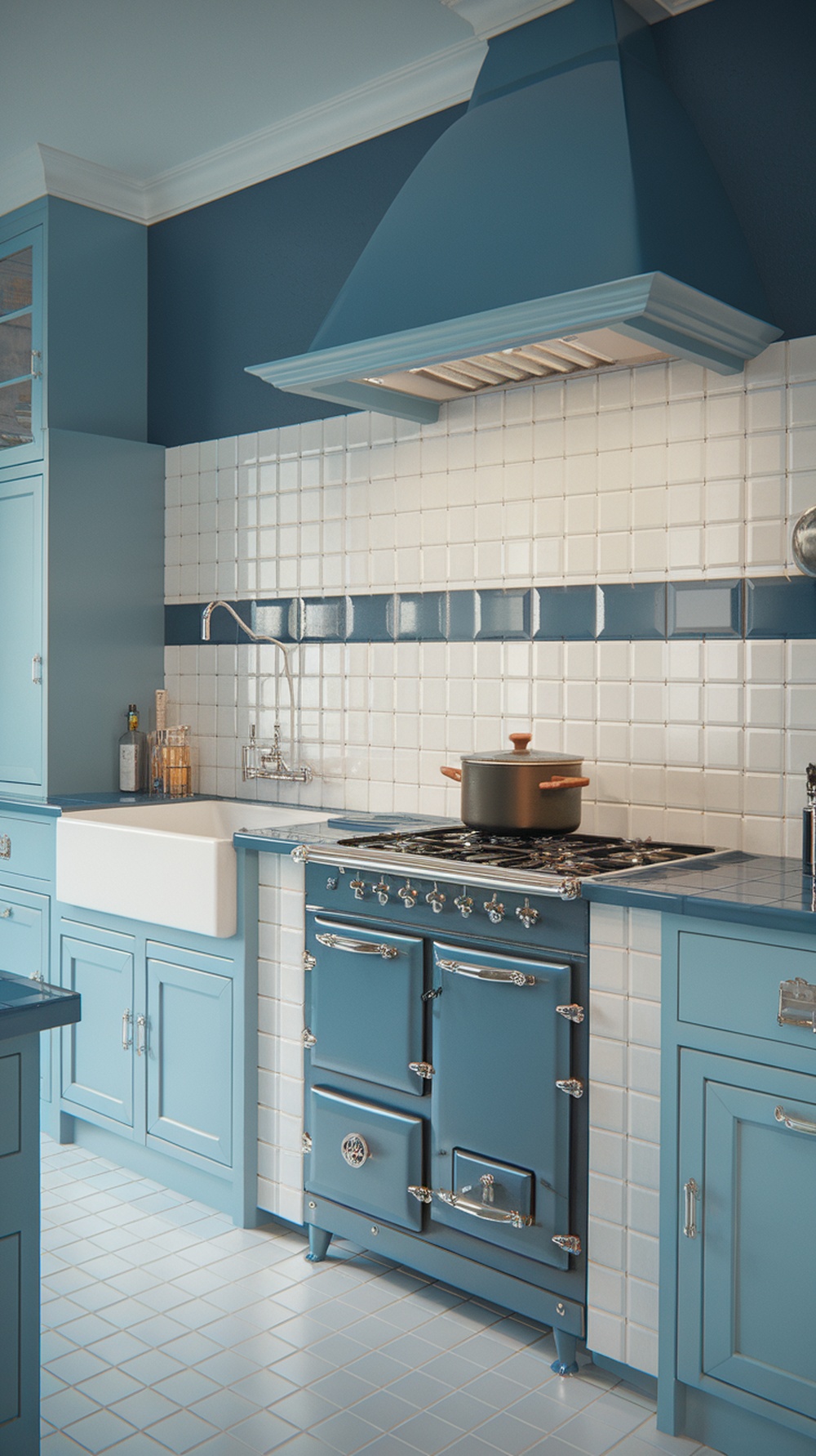 A kitchen showcasing subtle two-tone contrasts with blue cabinetry and white tile backsplash.