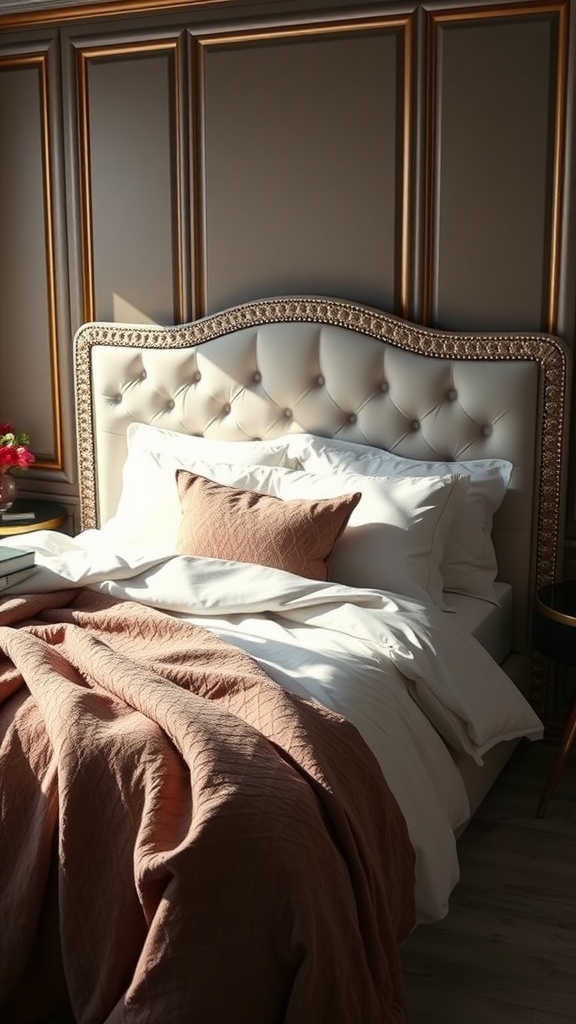 Luxurious bedding with a plush headboard and textured throw in an elegant bedroom setting.