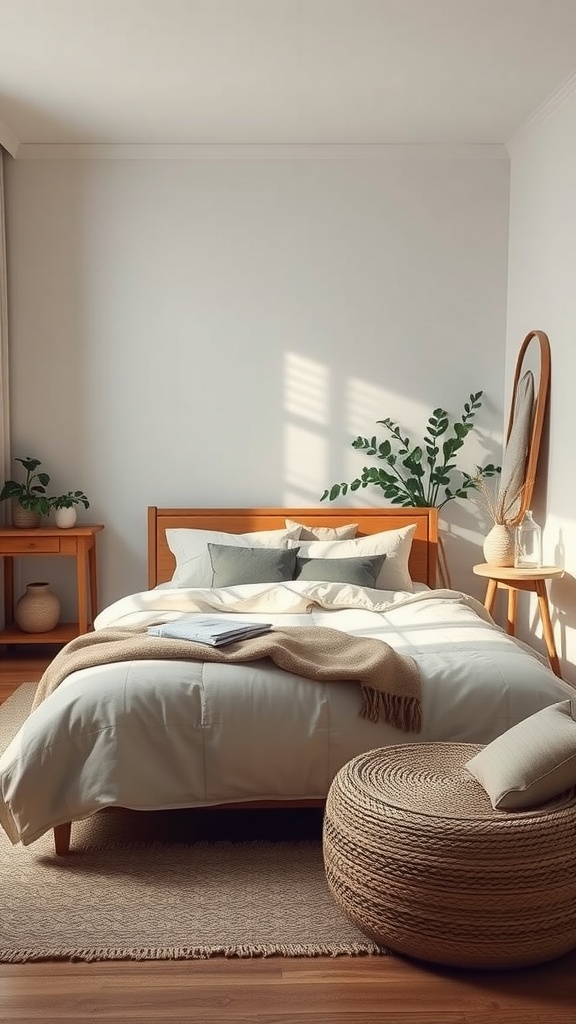 A neutral bedroom featuring a wooden bed, plants, and a woven pouf.