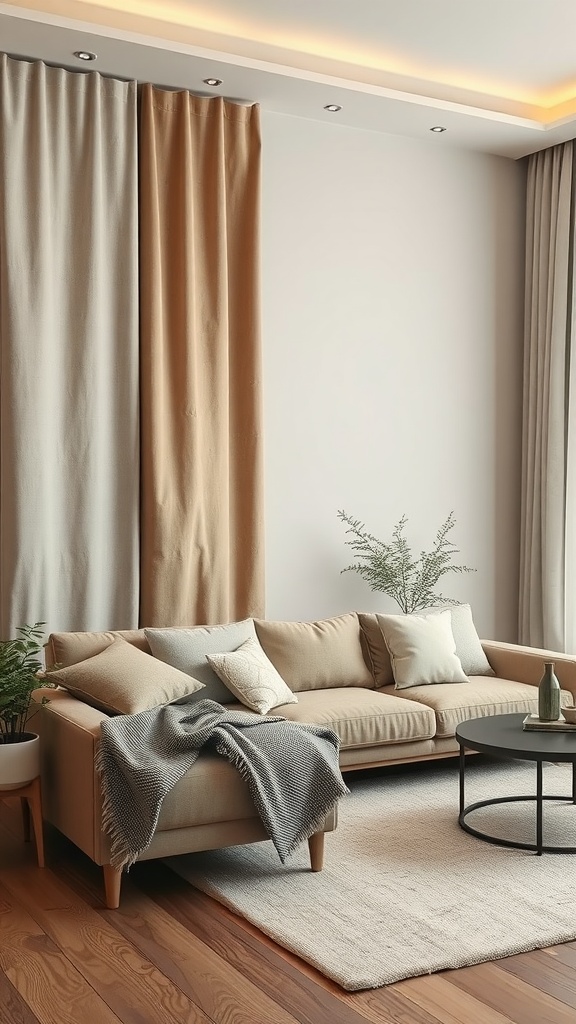 A cozy living room with textile panels serving as a partition, featuring a neutral color palette and soft furnishings.