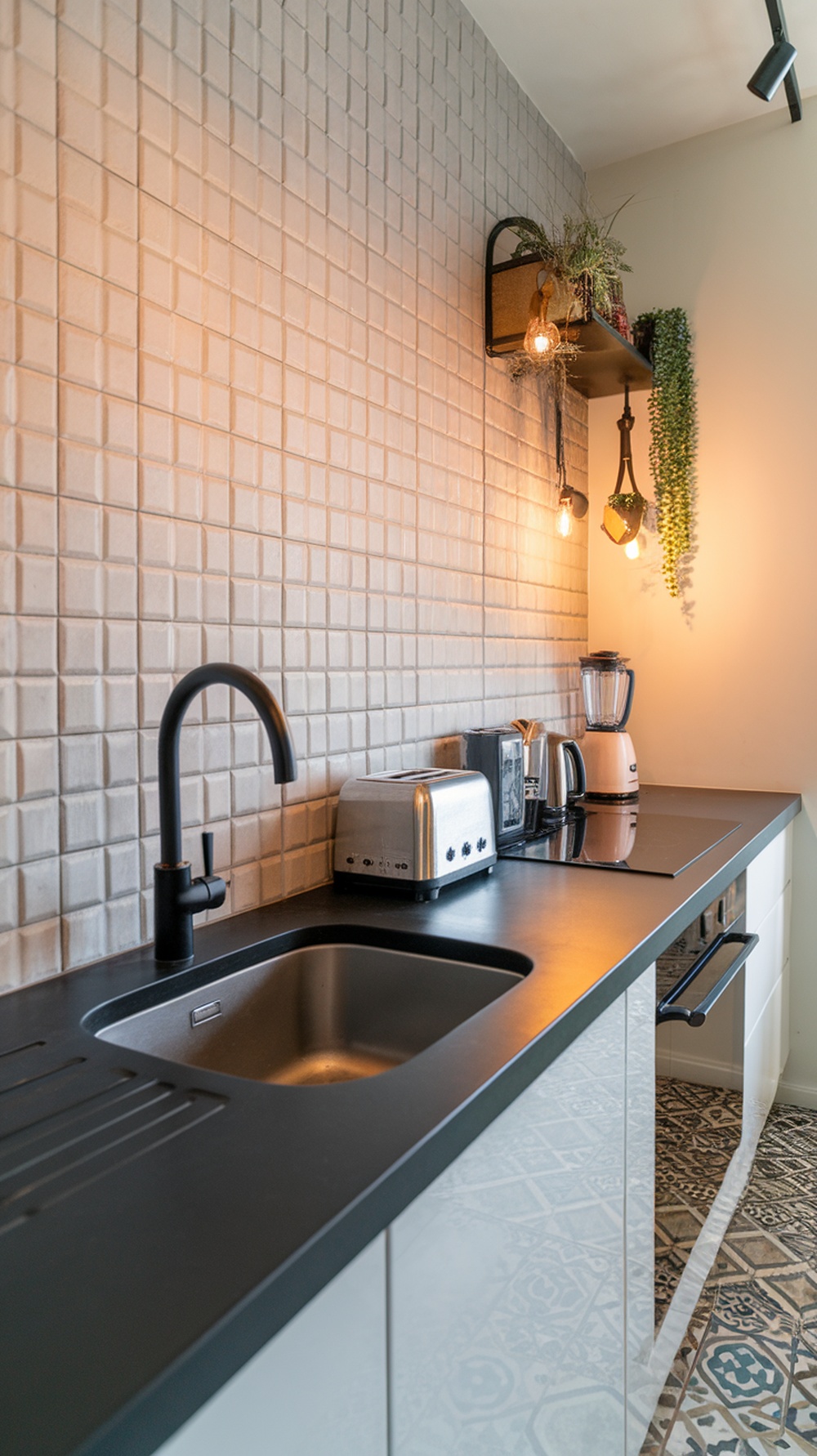 A modern kitchen featuring textured 3D tiles as backsplash, complemented by brown cabinets and minimalistic appliances.