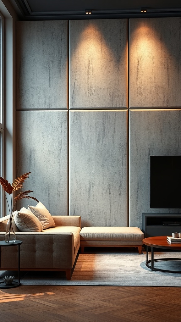 A stylish living room featuring textured wall panels that enhance acoustic privacy and design.