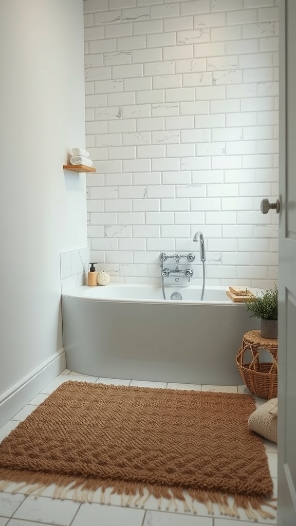 A small bathroom with a tub featuring a cozy brown textured rug.