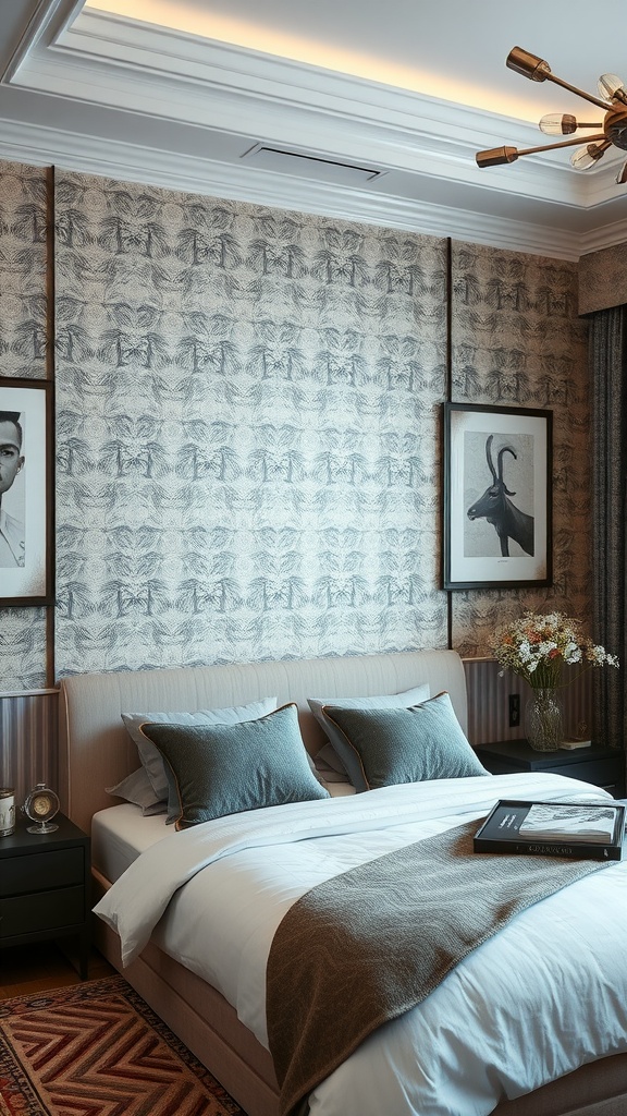 A luxurious master bedroom featuring textured wallpaper, elegant bed linens, and stylish decor.