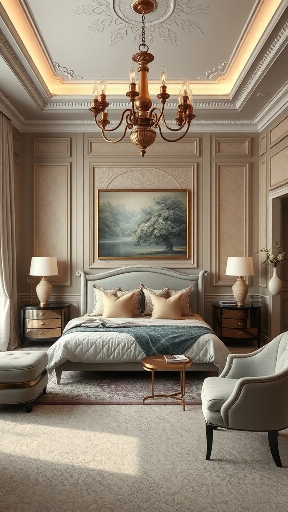 Luxurious master bedroom with soft colors, elegant chandelier, and plush furnishings.