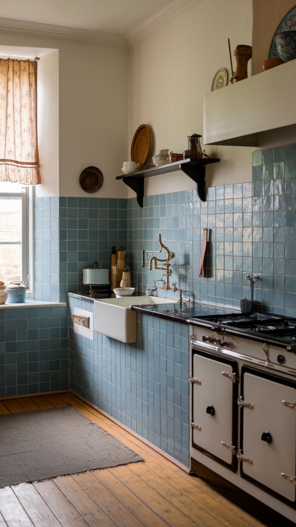 A cozy kitchen with a blue tile backsplash, showcasing traditional Delft blue tiles.
