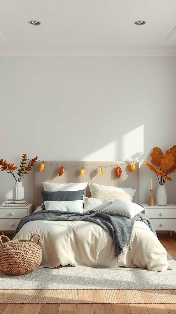 A cozy neutral bedroom with earthy tones, featuring autumn decor and a warm atmosphere.