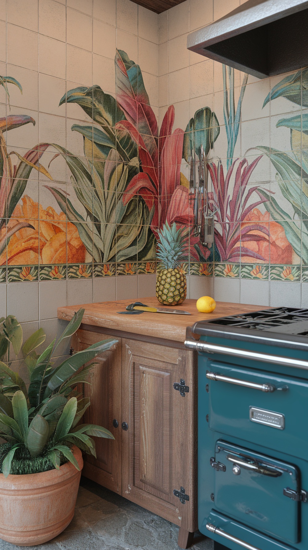 A kitchen with tropical decorative tiles featuring lush plants, a wooden countertop, and a pineapple centerpiece.