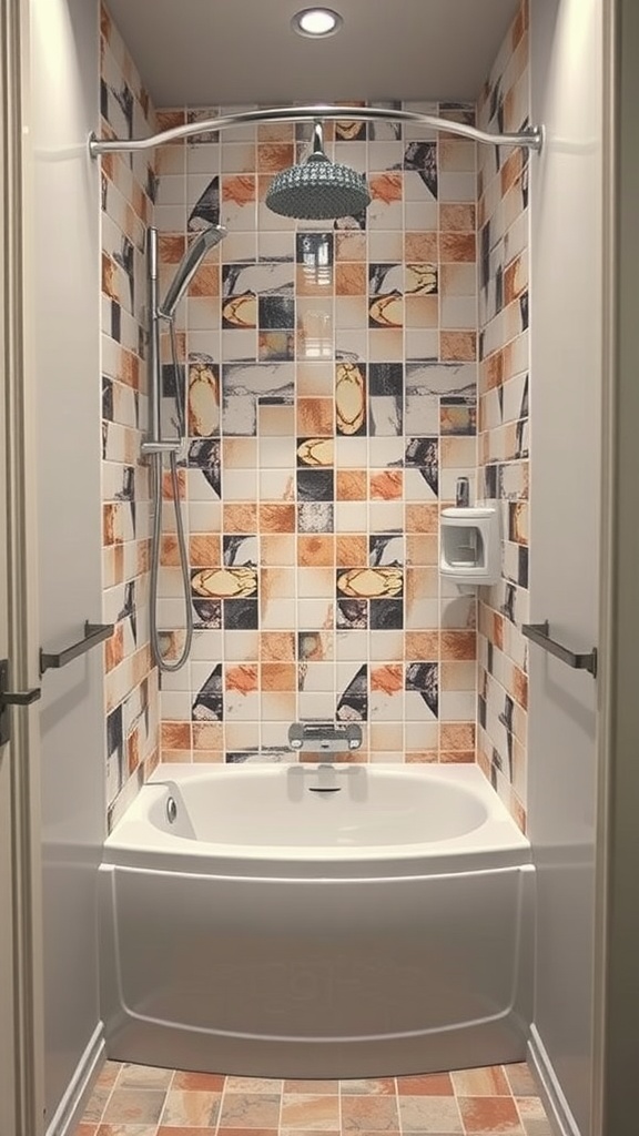 A small bathroom featuring a tub and shower combo with stylish tile design