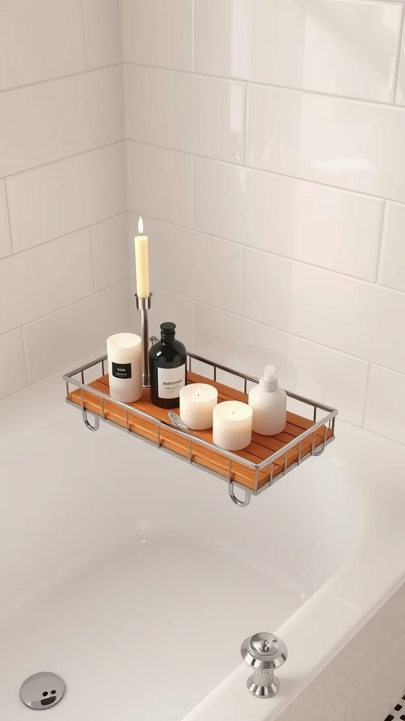 Stylish wooden tub caddy with candles and bath products
