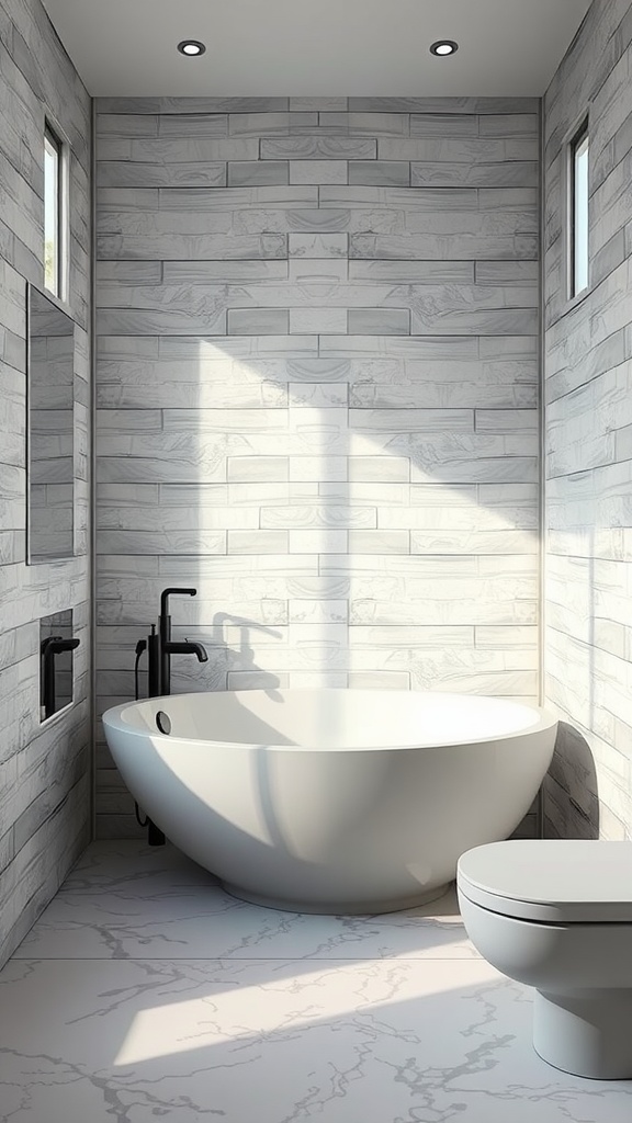 Modern bathroom featuring a round freestanding tub with gray tiled walls and natural light