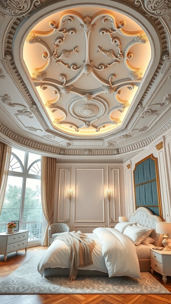 An elegant bedroom featuring an intricately designed ceiling with warm lighting, showcasing luxury and sophistication.
