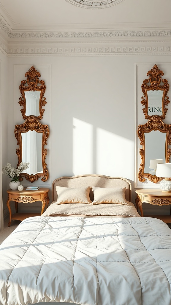 A neutral bedroom with ornate mirrors on either side of the bed, featuring a soft color palette and elegant decor.