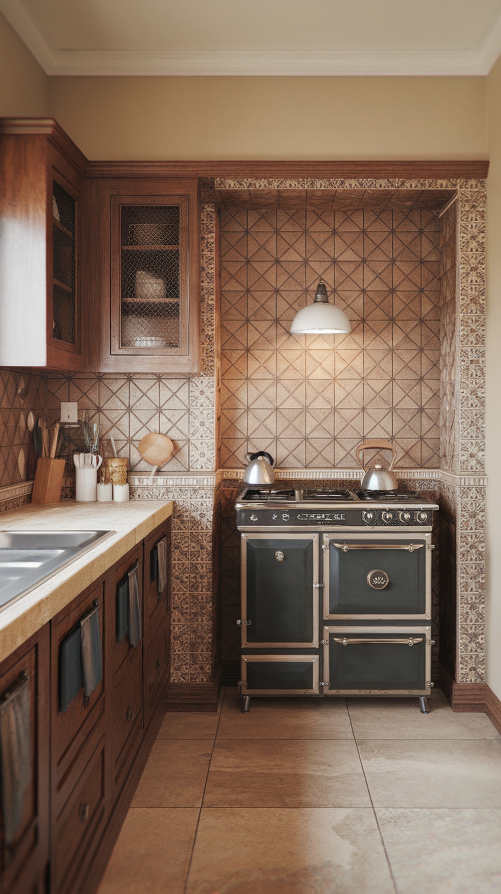 Kitchen with vintage-inspired tin tile backsplash and wooden cabinets