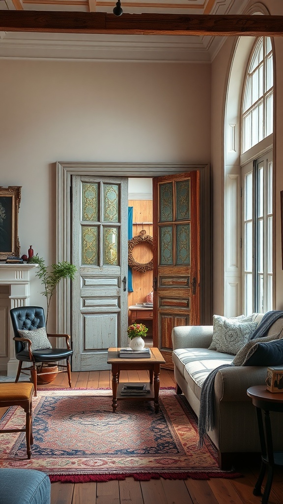 A vintage door partition in a living room, showcasing wood details and glass panels.