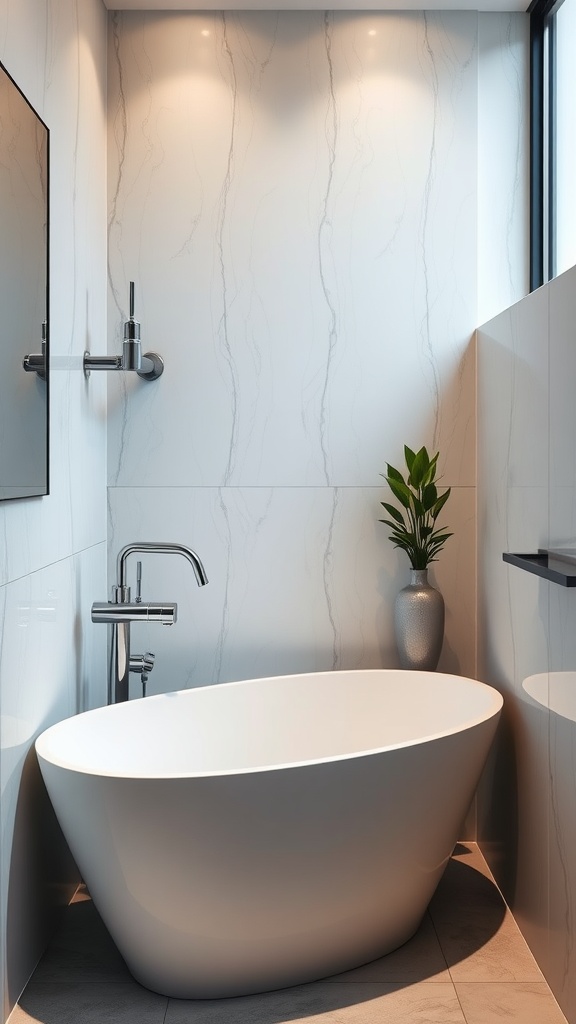 Modern small bathroom featuring a sleek wall-mounted faucet and a stylish tub.