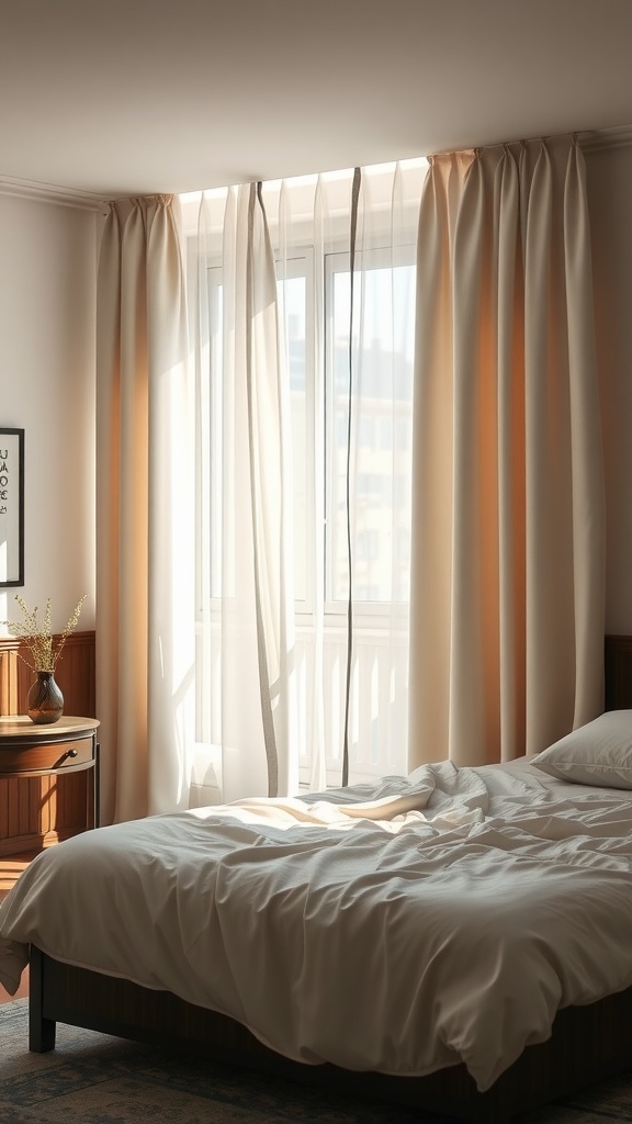 A softly lit bedroom with neutral curtains and a cozy bed