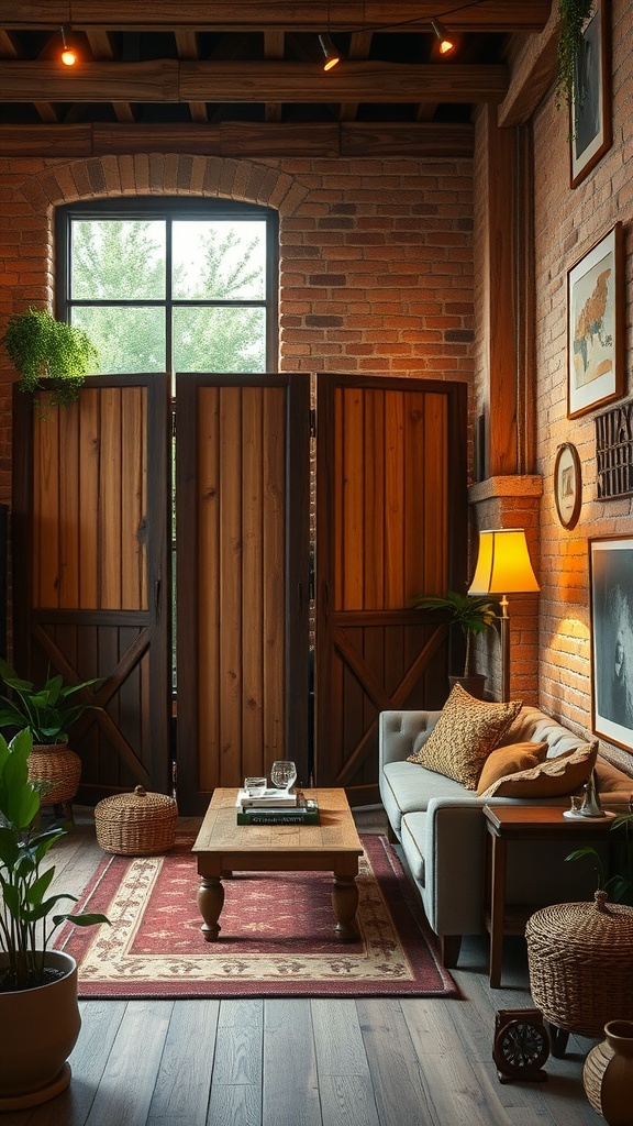 A cozy living room with wooden screens acting as a partition, featuring a sofa, coffee table, and plants.